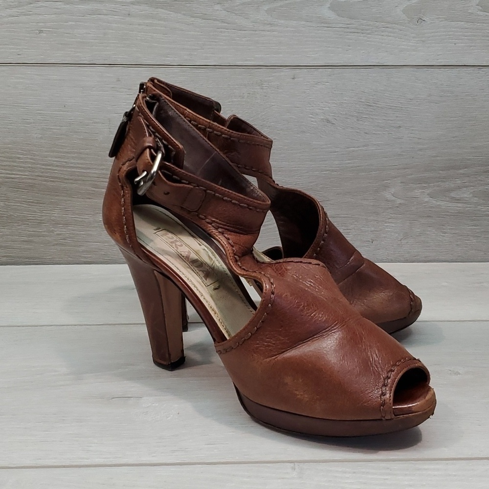 Prada Womens Ankle Zip Heels Pump Sandals shoes sz 37/7 - Picture 2 of 16